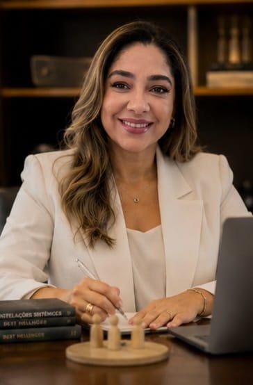 Andréa Magalhanis segurando um caderno em seu consultório